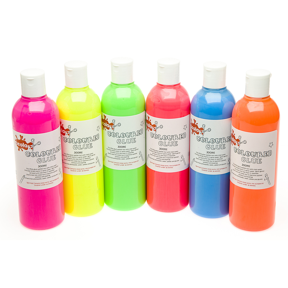 6 x 300ml Fluorescent Coloured PVA Glue Colour Slime Making School Home